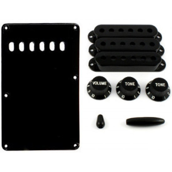 Kit plastiche tipo Strato - copri molle 1 strat0 - 3 copri pickup, 1 vol., 2 toni, 1 pomello selettore, 1 pomello leva - Nero - All Parts