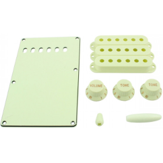 Kit plastiche tipo Strato - copri molle 3strati 3 copri pickup, 1 vol., 2 toni, 1 pomello selettore, 1 pomello leva - Mint Green - All Parts