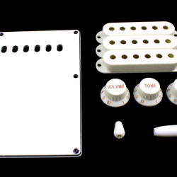 Kit plastiche tipo Strato - copri molle 1 strat0 - 3 copri pickup, 1 vol., 2 toni, 1 pomello selettore, 1 pomello leva - Bianco - All Parts