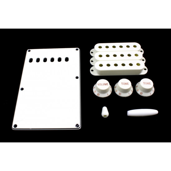 Kit plastiche tipo Strato - copri molle 1 strat0 - 3 copri pickup, 1 vol., 2 toni, 1 pomello selettore, 1 pomello leva - Bianco - All Parts