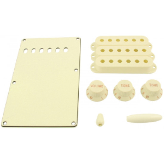 Kit plastiche tipo Strato - copri molle 3strati 3 copri pickup, 1 vol., 2 toni, 1 pomello selettore, 1 pomello leva – Parchment (old white) - All Parts