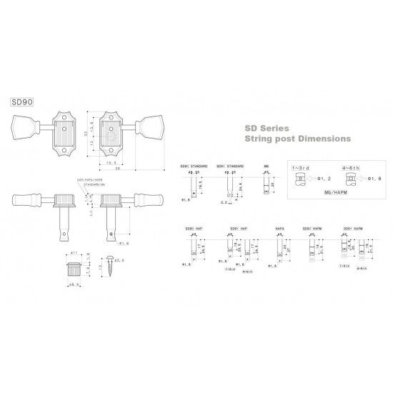 Gotoh SD90-MG Set meccaniche autobloccanti 3+3 Tulipano Nickel, foro vintage 1:15