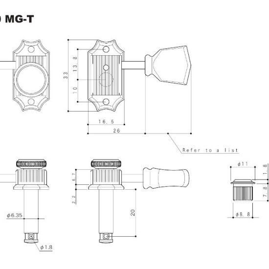 Gotoh SD90NSLMGTL3R3 Serie MG-T Set di Meccaniche Autobloccanti L3+R3 Palettina tipo Tulipano P/Loid #SL - Nickel -